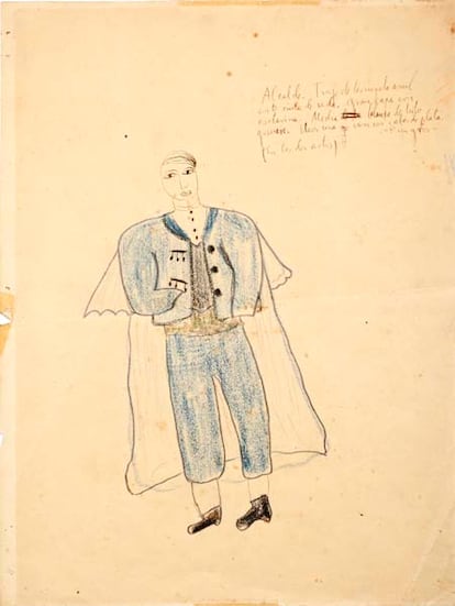 Los dibujos de Federico García Lorca para "La Zapatera Prodigiosa" (1930) a subasta. Inscripción del autor: "Alcalde. Traje de terciopelo azul con la cinta de seda. Gran capa con esclavina. Media blanca de hilo grueso. Lleva una vara con cabos de plata. Faja gris. En los dos actos.