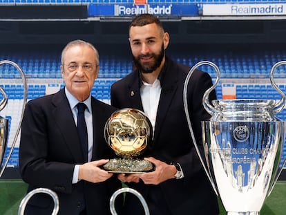 Florentino Pérez y Karim Benzema, este martes en una imagen difundida por el Real Madrid.