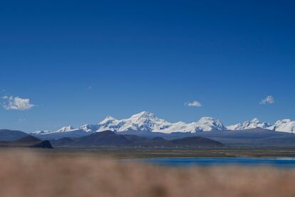 In this photo released by Xinhua News Agency, Mount Shishapangma is seen from Baiku Lake in Xigaze, southwest China's Tibet Autonomous Region on Sept. 2, 2023.