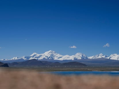 In this photo released by Xinhua News Agency, Mount Shishapangma is seen from Baiku Lake in Xigaze, southwest China's Tibet Autonomous Region on Sept. 2, 2023.