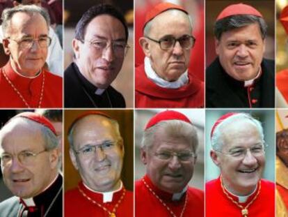 Los cardenales favoritos para ser el nuevo Papa: de izquierda a derecha y de arriba abajo: Claudio Hummes (Brasil), Oscar Andres Rodrigues Maradiaga (Honduras), Jorge Mario Bergoglio (Argentina), Norberto Rivera Carrera (México), Joao Braz de Aviz (Brasil), Luis Antonio Tagle (Filipinas), Peter Turkson (Nigeria), Cristoph Schonborn (Austria), Peter Erdoe (Hungría), Angelo Scola (Italia), Marc Ouellet (Canadá), Francis Arinze (Nigeria), John Onaiyekan (Nigeria), Timothy Dolan (EE UU)
