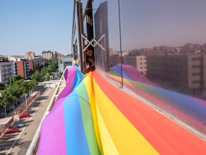 La secretaria de igualdad del PSOE en Castilla y León, Patricia Gómez Urbán, con una de las banderas que los socialistas han colocado con motivo del Día Internacional del Orgullo LGTB en las ventanas de las Cortes.