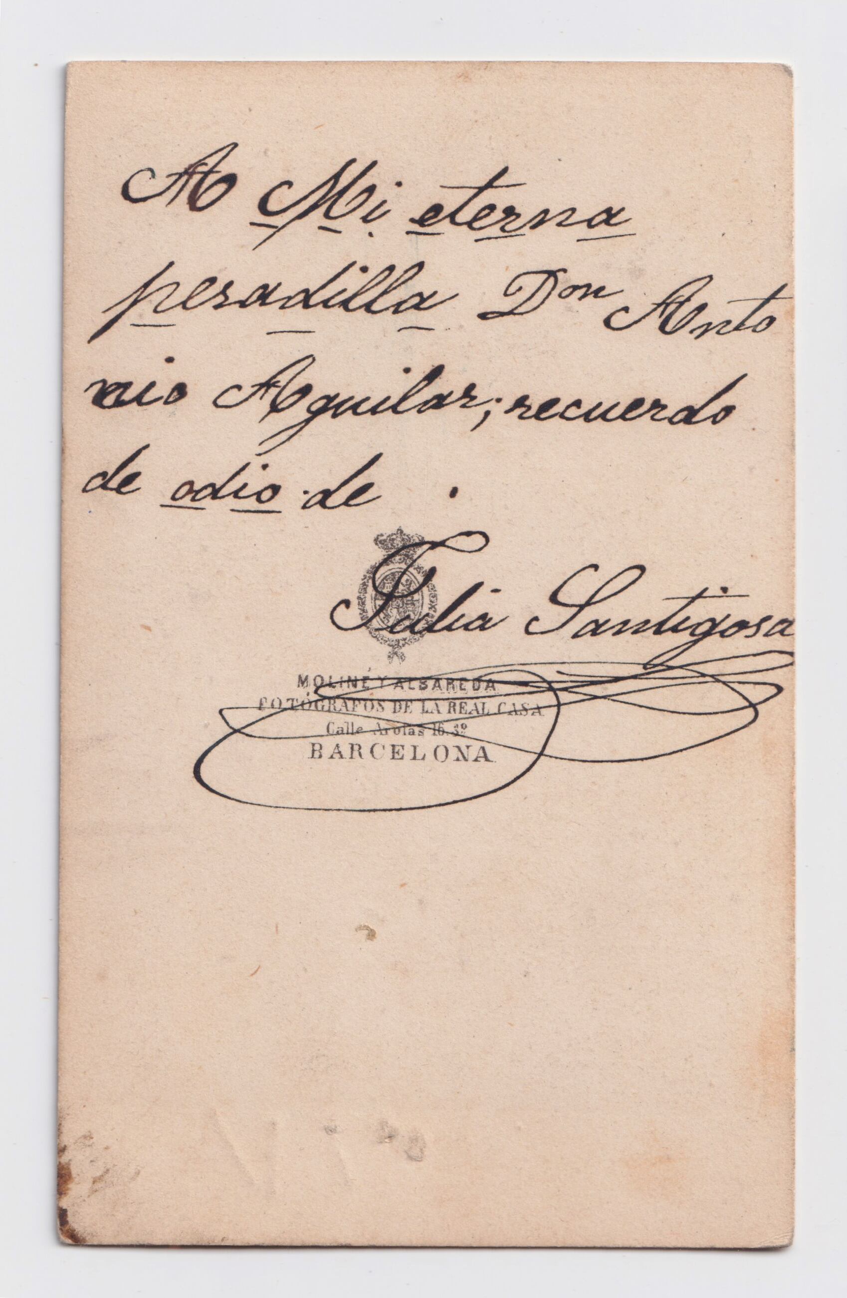 Dedicatoria sobre tarjeta de visita de Julia Santigosa, hacia 1860. Colección de Stéphany Onfray.