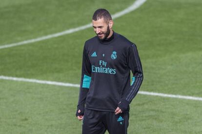 Karim Benzema en el último entrenamiento previo al partido contra el Eibar.