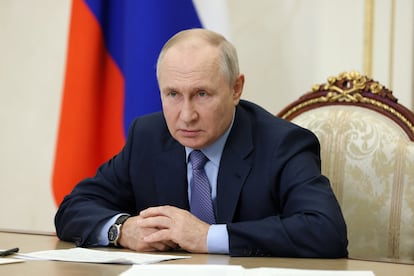 Russian President Vladimir Putin chairs a government meeting via a video link at the Kremlin in Moscow, Russia, on September 27, 2023.