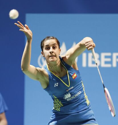 Carolina Marín, durante el partido de individual femenino en la final del campeonato Europeo de Badminton celebrado en Huelva.