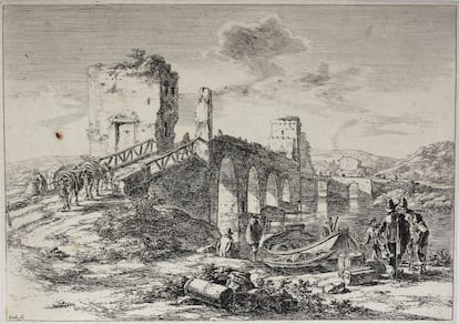 En el apartado 'Paisajes con edificios en ruinas' sobresale este 'Ponte Molle', de Jan Both (1602-1652), creado con la técnica del aguafuerte. Esta estampa es una muestra de los grabados que realizó en su viaje a Roma.
