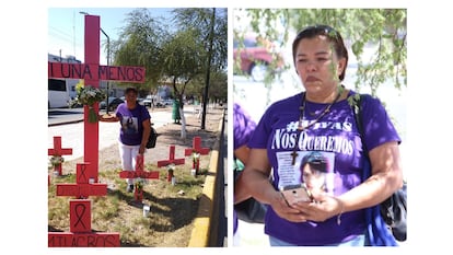 A la izquierda, Cristela Soto, a la derecha Rosa Rocha, ambas con una playera morada y la fotografía de su hija asesinada.