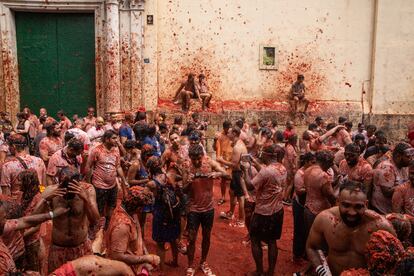 Participantes de la Tomatina, este miércoles en Buñol.