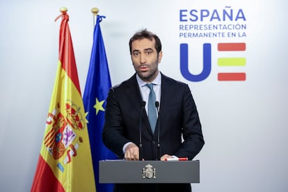 El ministro de Economía, Carlos Cuerpo, durante su comparecencia en Bruselas.