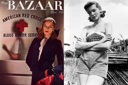 Lauren Bacall

	La portada de Harper’s Bazaar fue el trampolín de Lauren Bacall, una jovencita modelo que se convertiría en estrella después de que el director Howard Hawks se fijara en ella. El resto ya es conocido, Bacall cambiaría su voz nasal por un timbre más sugerente y diría aquello de: “Si me necesitas, silba”. A partir de ahí se convertiría en uno de los rostros más fascinantes del cine negro y pareja de uno de los feos más seductores de Hollywood.