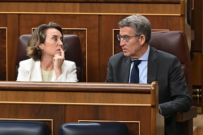 La secretaria general del PP, Cuca Gamarra, y el líder popular, Alberto Núñez Feijóo, durante el pleno del Congreso este jueves en Madrid.