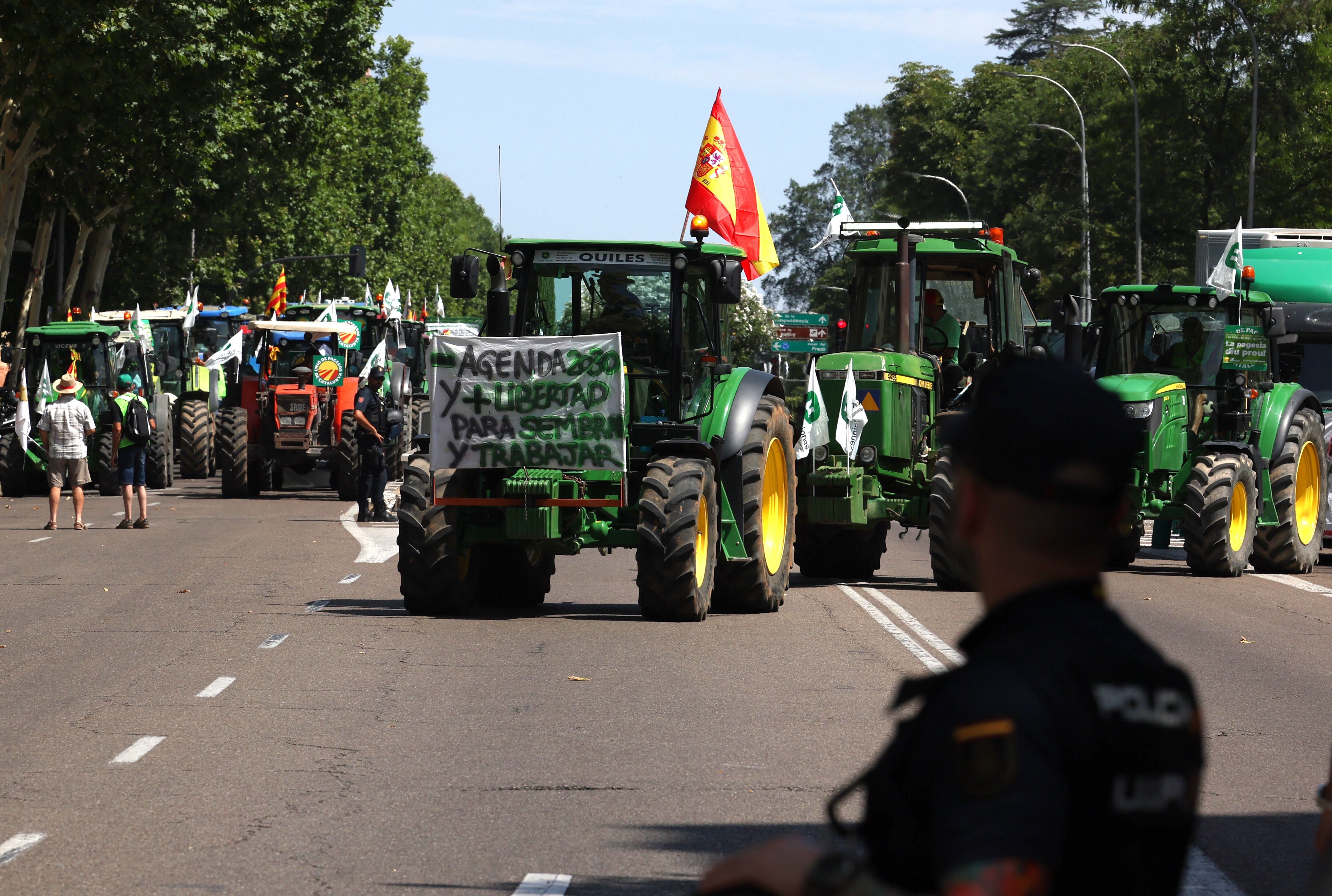 Cientos de agricultores con sus tractores han recorrido las calles de Madrid, hasta llegar al Ministerio de Agricultura.