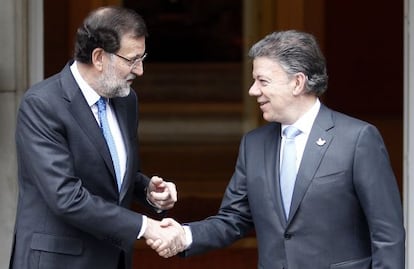 El presidente español, Mariano Rajoy, recibe en La Moncloa al presidente colombiano Juan Manuel Santos.