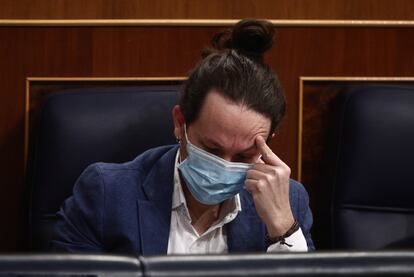 El vicepresidente segundo del Gobierno, Pablo Iglesias, durante una sesión de control al Gobierno en el Congreso de los Diputados, en Madrid (España), el miércoles pasado.

EUROPA PRESS/E. Parra. POOL
10/03/2021