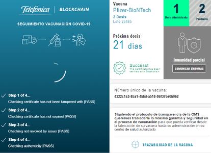 Dos funcionalidades de la app de vacunación de Telefónica. 