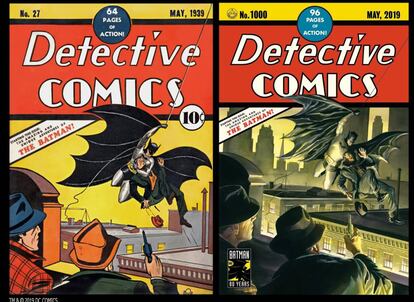 Portada original del primer número de Batman (izquierda) de mayo de 1939 y un homenaje contemporáneo.