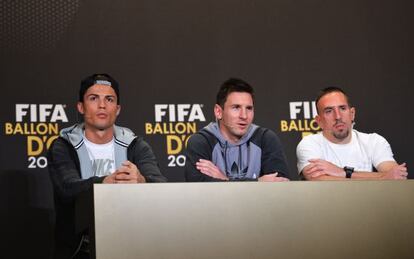 Cristiano, Messi y Ribéry, durante la rueda de prensa previa a la entrega del Balón de Oro 2013