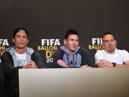 Cristiano, Messi y Ribéry, durante la rueda de prensa previa a la entrega del Balón de Oro 2013