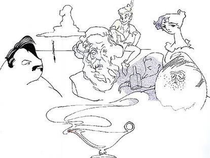 De izquierda a derecha: Balzac, don Quijote, Homero, Peter Pan, Scott Fitzgerald, Jane Austen y Ernest Hemingway.