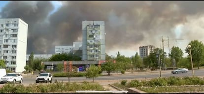 Frames from a video released by the Energodar town hall in southeastern Ukraine, including images of recent fires in the town occupied by Russian troops.