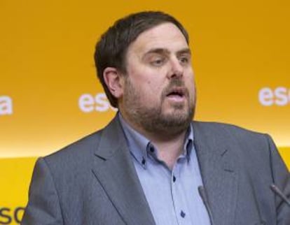 El presidente de ERC, Oriol Junqueras, durante la rueda de prensa que ofreció antes de ayer. EFE/Archivo