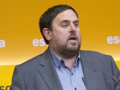 El presidente de ERC, Oriol Junqueras, durante la rueda de prensa que ofreció antes de ayer. EFE/Archivo