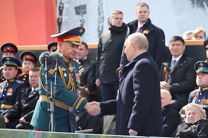 Russian President Vladimir Putin and Defence Minister Sergei Shoigu attend a military parade on Victory Day, which marks the 79th anniversary of the victory over Nazi Germany in World War Two, in Red Square in Moscow, Russia, May 9, 2024.