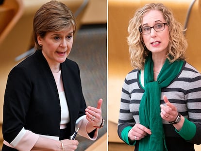 La primera ministra de Escocia, Nicola Sturgeon, y los co-dirigentes del Partido Verde escocés, Lorna Slater y Patrick Harvie.