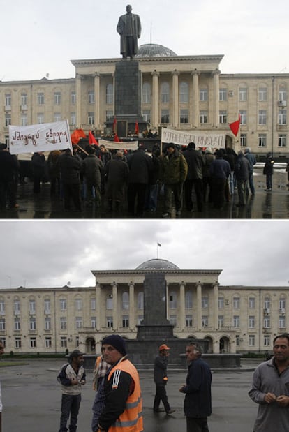 Aspecto de la plaza central de Gori antes y después de la retirada de la estatua de Stalin