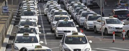 Decenas de taxis hacen cola a la espera de clientes. 