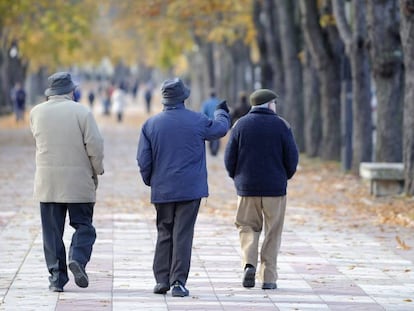 Tres anciamos caminan por el Paseo de la Senda, en Vitoria