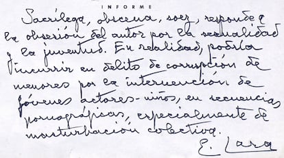 Informe de la censura franquista que acusa a Manolo Summers de "corrupcin de menores".