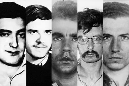 De izquierda a derecha: los miembros de ETA Ángel Otaegui y Juan Paredes Manot, Txiki' y los militantes del FRAP Luis Sánchez-Bravo Solla, José Humberto Baena Alonso y Ramón García Sanz, todos ellos enviados al paredón por Franco dos meses antes de su muerte.