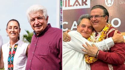 Claudia Sheinbaum junto a José Ramiro López Obrador, y Marcelo Ebrard con Pío López Obrador.