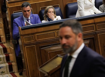 El líder de Vox se dirige a la tribuna de oradores. Al fondo, el presidente del Gobierno, Pedro Sánchez, y la vicepresidenta primera y ministra de Asuntos Económicos y Transformación Digital, Nadia Calviño. 