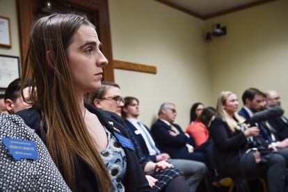 Rep. Zooey Zephyr, D-Missoula, watches a House Rules Committee meeting on Thursday, April 20, 2023 in the state capitol in Helena, Mont