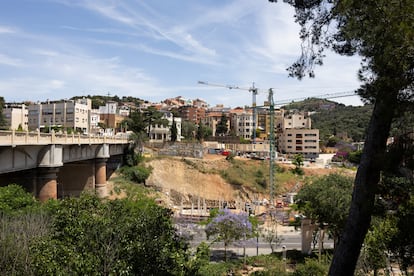 El puente de Vallcarca y, a la derecha, dos grúas en la zona del plan urbanístico que prevé construir vivienda libre, pública y un parque.