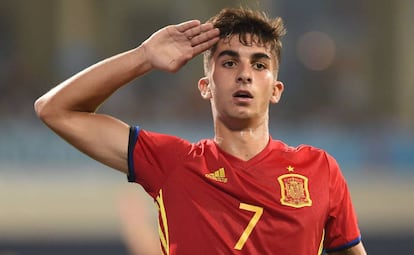 Ferran Torres celebra su gol en semifinales. 