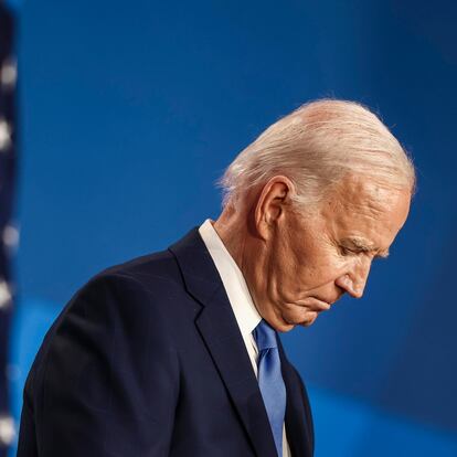 Washington (United States), 11/07/2024.- US President Joe Biden speaks during a press conference on the sidelines of the 75th Anniversary of the North Atlantic Treaty Organization (NATO) Summit at the Walter E. Washington Convention Center in Washington, DC, USA, 10 July 2024. President Biden is under increasing pressure from Democrats to step aside as the party'??s presidential candidate. EFE/EPA/JIM LO SCALZO
