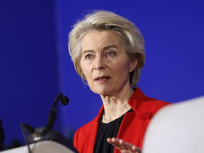 European Commission President Ursula von der Leyen, addresses journalists during a visit to Sarajevo, Bosnia and Herzegovina, January 23, 2024.