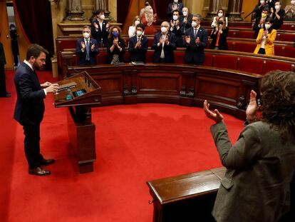 El candidato de ERC a la presidencia de la Generalitat, Pere Aragonès, en un momento de su intervención.