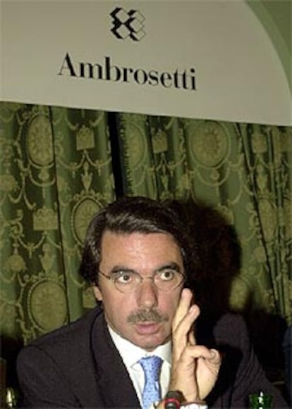 El presidente, José María Aznar, esta mañana en el palacio de Villa D&#39;Este de la localidad italiana de Cernobbio.