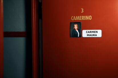 La puerta del camerino de la actriz Carmen Maura.