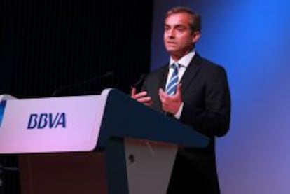 El consejero delegado de BBVA, &Aacute;ngel Cano, hoy durante la presentaci&oacute;n de resultados. 