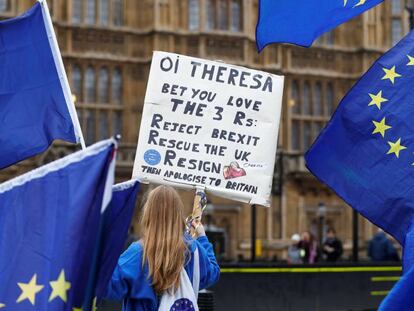 Manifestantes contrarios al Brexit protestan frente al Parlamento, este mi&eacute;rcoles en Londres.