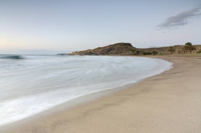 Tras el feísmo rural de Cañada de Gallego, la retina, en estricta contraposición, se dilata ojiplática frente a la concha de Percheles, atravesada por arena de resplandor mediterráneo. La anchura, el alineamiento de palmeras, las palomas bravías…, la identifican como una playa excelsa.