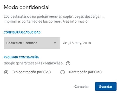 Aquí podemos configurara el modo condifencial del Gmail