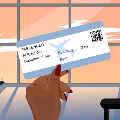 Traveling by airplane illustration concept shows a woman who has dark skin tone looking at her boarding pass and seeing the runway view in the departure terminal at airport for traveling to abroad.