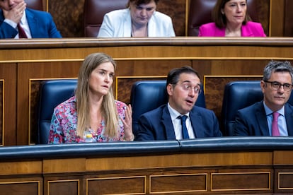 La vicepresidente tercera del Gobierno Sara Aagesen, el ministro de Exteriores, José Manuel Albares, y el ministro de Justicia, Félix Bolaños, durante la sesión de control al Gobierno.